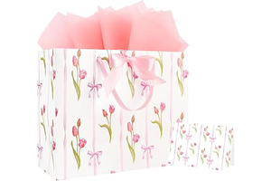 ASYEHNR 13" Large Size Pink Floral Gift Bag Tulip and Bows Pattern Gift Bag with Greeting Card Tissue Paper for Girls Women Birthday Baby Shower: Print Design and Production Notes