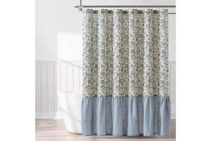 Lush Decor Lillian Block Print Linen Textured Shower Curtain Single 72" W x 72" L Blue & Sage - Vintage Floral Shower Curtains - Ruffled Bath: Print Design and Production Notes