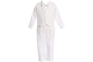 4 Piece White Boys Embroidered Jacquard Christening Baptism or Wedding Vest Set: Jacquard Weave and Production Notes