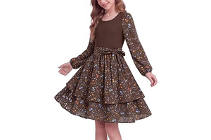 Girls Fall Dresses Long Sleeve Floral Winter U-Neck Waist Ties 6-14Y: OEM Production and Sizing Notes