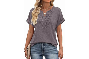Womens Blouses Dressy Casual Summer Shirts Short Sleeve Lace Front Boho Tunic Tops for Leggings Fashion Clothes: OEM Production and Sizing Notes