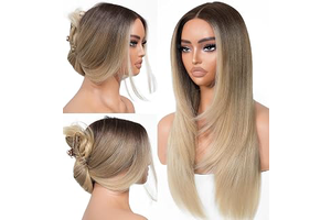 BrownBomb Ombre Blonde Wear and Go Glueless Wigs Pre Plucked Pre Cut for Beginners Synthetic Lace Front Wigs With Bangs Blonde Long Layered: Ombre Dyeing and Production Notes