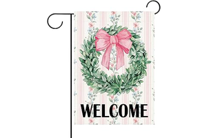 Pink Bow Greenery Wreath Welcome Garden Flag, Grandmillennial Floral: Fabric Sourcing and Quality Notes