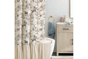 Linen Shower Curtain 72x72 - Farmhouse Ruffle Design with Western Cowboy & Floral Pattern,Vintage Cottagecore Style for French Country Shabby: Print Design and Production Notes
