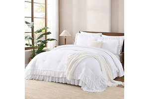 Andency White Ruffle Comforter Set Queen Size, 3 Pieces: Jacquard Weave and Production Notes