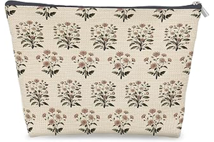 Dusty Rose Vintage Block Print Floral Makeup Bag Gifts for Women, French Country Flower Cosmetic Bag, Cottagecore Botanical Zipper Makeup Pouch: Print Design and Production Notes