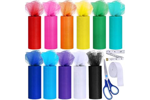 Rainbow Tulle Rolls 11 Colors - 6" by 25 Yards Spool With Sewing Scissor, Measuring Tape, Knit Elastic for Table Skirt, Party Tulle Skirt: Ombre Dyeing and Production Notes