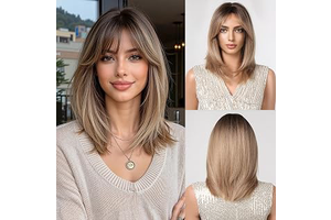 Esmee Short Straight Ombre Blonde Bob Wigs With Curtain Bangs Shoulder Length Natural Wig Synthetic Daily Party Cosplay Wigs for Women: Ombre Dyeing and Production Notes