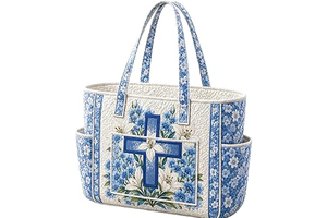 Quilted Tote Bag, Large Capacity Blue Floral Print Quilted Handbag, Multi Pocket Shoulder Bag for Travel Shopping Daily Use: Print Design and Production Notes