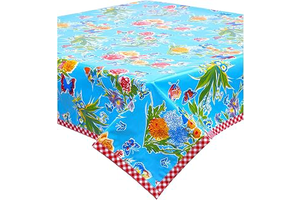 Edgar's Butterfly Light Blue Oilcloth Tablecloths with Red Gingham Trim (55x55 Square): Fabric Sourcing and Quality Notes