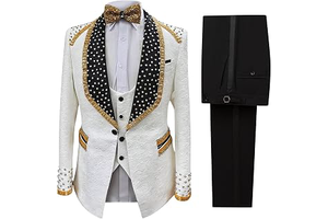 3 Piece White Jacquard Tuxedo with Gold Crystal Slim Fit Luxury Diamond Prom Suits for Wedding Party Prom: Jacquard Weave and Production Notes