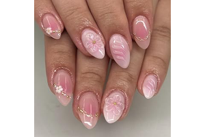 3D Flower Press On Nails Short Almond - Pink White Ombre Gold Line Designs, Acrylic Reusable Fake Nails with Adhesive Tabs Glue, Salon Quality: Ombre Dyeing and Production Notes