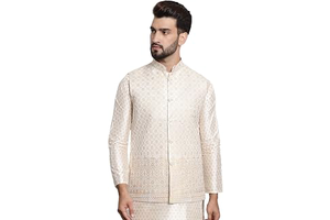 (Since 1958 Men'S Jacquard Silk, Nehru Jacket With Traditional Work On Bottom: Jacquard Weave and Production Notes