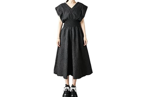 Women's V Neck Jacquard Midi Dress Smocked Waist A Line Cap Sleeve: Jacquard Weave and Production Notes
