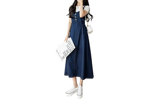 Women's Elegant Straps Back Smocked A-Line Long Skirt Denim Overall Pinafore Dress: OEM Production and Sizing Notes