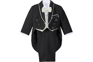 Baby Boy Classic Tuxedo Suit 5 Pcs Set Formal Dress Wear Wedding Outfit with Gold Jacquard Vest, Black/White: Jacquard Weave and Production Notes