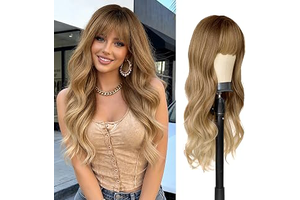 AISI QUEENS Blonde Wig for White Women Ombre Blonde Wig with Bangs Synthetic Fiber Long Wavy Wig for Daily Party Cosplay Use(26inch ombre blonde): Ombre Dyeing and Production Notes
