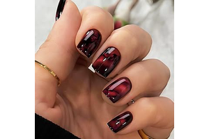 Burgundy Marble Press on Nails Leopard Cheetah Print Short Square Fake Nail: Ombre Dyeing and Production Notes