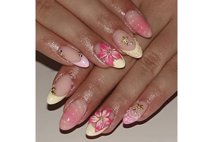 HOSAILY Pink Press on Nails Short Almond Milky Butter Yellow French Tip Pink Ombre 3D Flower Gold Starfish Rhinestone Gold Beads Beach Vacation: Ombre Dyeing and Production Notes