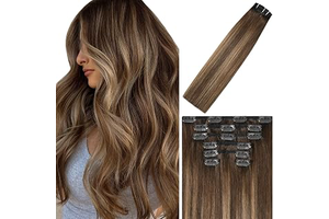 WindTouch Clip In Hair Extensions Human Hair Balayage Chocolate Brown To Dark Caramel Blonde Ombre Highlights for Brown Hair 18Inch 75g #4T27P4: Ombre Dyeing and Production Notes