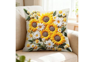 Multi-Sunflower Daisy Embroidered Throw Pillow Cover, 17.5''x17.5'' Linen Floral Pillowcase, Decorative Cushion Cover with Invisible Zipper for: Jacquard Weave and Production Notes
