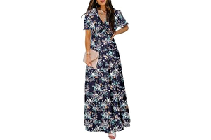 Womens Casual Boho Floral Printed V Neck Short Sleeve Long Evening Dress Ruched Cocktail Party Maxi Wedding Dress: OEM Production and Sizing Notes