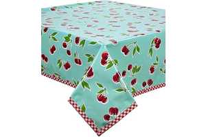 Cherry Aqua Oilcloth Tablecloth with Red Gingham 48x48 Square: Fabric Sourcing and Quality Notes