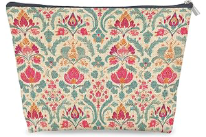 Vintage Boho Damask Indian Floral Makeup Bag Canvas Zipper Pouch, Exotic Ethnic Pink and Teal Block Print Cosmetic Bag for Women Toiletry Travel: Print Design and Production Notes