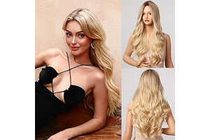 Honygebia Blonde Middle Part Wig - Long Wavy Ombre Blond Wigs with Dark Roots for Women, Curly Synthetic Heat Resistant Hair, Natural Looking: Ombre Dyeing and Production Notes