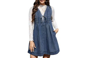 Women's Denim Mini Dress V Neck Sleeveless Pleated Flowy Overall Dress Casual Loose Fit Jean Dress Tie Front: OEM Production and Sizing Notes