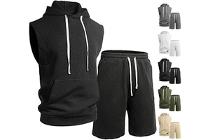 Men's Summer 2 Piece Casual Sportswear Drawstring Hooded Sleeveless Jacquard Knit Hooded Vest and Shorts Set with Pockets: Jacquard Weave and Production Notes