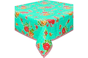 Rose and Grid Aqua Oilcloth Tablecloths with Red Gingham Trim (48x72): Fabric Sourcing and Quality Notes