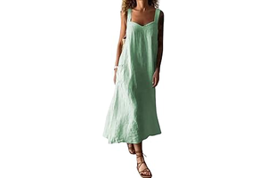 Women's Summer Spaghetti Strap Sleeveless Linen Overall Dress Casual A-Line Midi Long Beach Dress: OEM Production and Sizing Notes