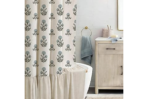 ORTIGIA Linen Textured Ruffle Shower Curtain with Metal Hooks, Vintage Blue Floral Block Print Boho Waterproof Bath Curtain for Rustic Farmhouse: Print Design and Production Notes