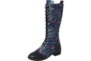 Women's Knee High Boots Embroidered Lace Up Block Heel Tall Booties: Jacquard Weave and Production Notes