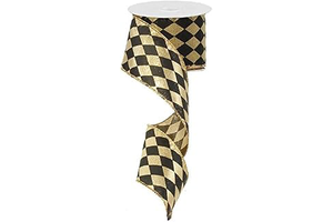 Craig Bachman 2.5" x 10yd Harlequin Metallic Wired Ribbon, Gold and Black Diamond Pattern for Wreath Making, Elegant Mardi Gras Decor: Jacquard Weave and Production Notes