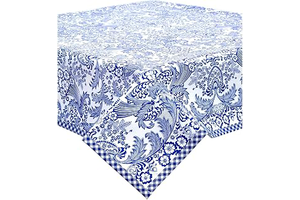 Toile Blue Oilcloth Tablecloths with Navy Blue Gingham Trim (48x72): Fabric Sourcing and Quality Notes