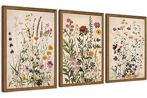 AVECCO 3 Piece Vintage Wildflower Botanical Framed Canvas Wall Art 12x16 in: Print Design and Production Notes