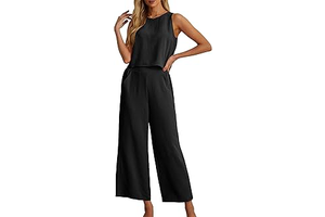 Women's Summer 2 Piece Outfits Set Round neck Sleeveless Tank Crop Top Wide Leg pants Set Pockets Jumpsuits: OEM Production and Sizing Notes