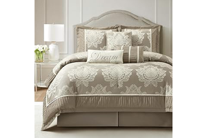 LANCO MODERN LIFESTYLE Beige King Size Comforter Set 7 Pieces, Jacquard Woven with Damask, Bedding Set in a Bag Includes Comforter, Bed Skirt: Jacquard Weave and Production Notes