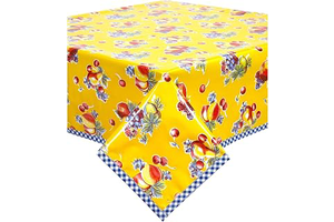 Retro Yellow Oilcloth Tablecloths with Navy Blue Gingham Trim (48x48 Square): Fabric Sourcing and Quality Notes