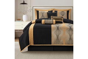 LANCO MODERN LIFESTYLE King Comforter Set, Black Gold, 7 Pieces Bed in a Bag, Ultra Soft Jacquard with Solid Piecework, Luxury Bed Set with: Jacquard Weave and Production Notes
