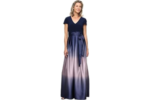 Women's Cap Sleeve Long Satin Ombre Mother of The Bride Dress with Pockets, Formal Party Gown: Ombre Dyeing and Production Notes