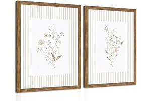 Neutral Wildflower Wall Art Set of 2, Vintage Flower Botanical Wall Decor Painting, Rustic Cottagecore Striped Floral Prints Pictures for Living: Print Design and Production Notes