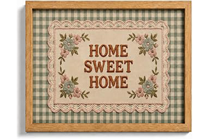 Farmhouse Home Sweet Home Framed Wall Art, Embroidered Style Green Gingham Decor, Cozy Cottagecore Floral Print for Living Room Entryway, Solid: Print Design and Production Notes