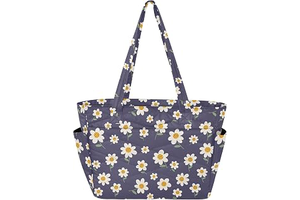 Floral Flowers Daisies Blue Print Quilted Tote Bag for Women Puffer Totes with Zippers Shoulder Bag for Travel Gym Work: Print Design and Production Notes