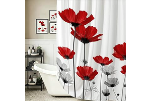 Coxila Red Floral Shower Curtain, Modern White Grey Poppy Botanical Flower Print, Vintage Wildflower Plant Polyester Fabric Bath Decor for: Print Design and Production Notes