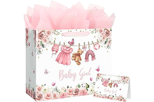 Yusenguan 13" Large Baby Gift Bag for Girl, Pink Floral Design with Handles, Tissue Paper and Gift Card, Perfect for Girl Baby Shower & Kids: Print Design and Production Notes