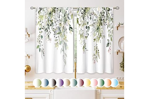 Eucalyptus Botanical Leaves Floral Kitchen Window Curtains Over Sink Boho Farmhouse Flower Leaf Small Window Treatment Sage Green Cafe Short: Print Design and Production Notes