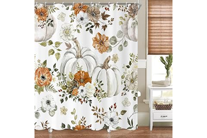 Fall Watercolor Pumpkin Shower Curtain, Autumn Thanksgiving Harvest Pumpkins with Floral Bathroom Curtain Bathtub Home Decor Waterproof Fabric: Print Design and Production Notes